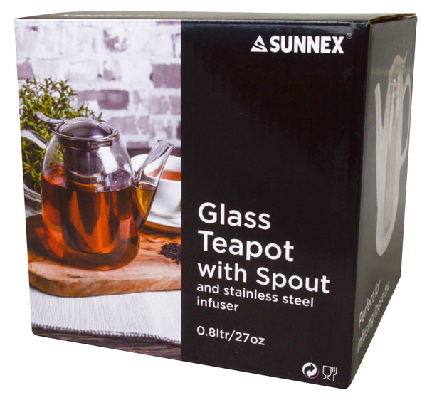 Sunnex Glass Teapot with Spout and Stainless Steel Strainer - 0.8 Litre 27oz