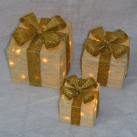 Set of 3 Light Up Light up Gift Boxes / Presents with Gold Bows - Cream Parcels