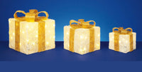 Set of 3 Light Up Light up Gift Boxes / Presents with Gold Bows - Cream Parcels