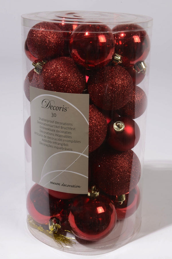 Shatterproof Mixed 30 Christmas Baubles - Red - Various Sizes