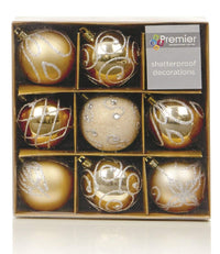 Shatterproof Mixed 9 Pack of Christmas Baubles - Champagne Gold - Various Designs