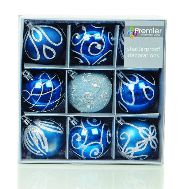 Shatterproof Mixed 9 Pack of Christmas Baubles - Midnight Blue - Various Designs