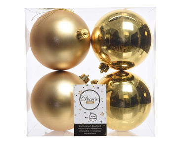 Christmas Tree Baubles, shatterproof, Mixed Shiny & Matt Gold - 100mm - 4 Pack