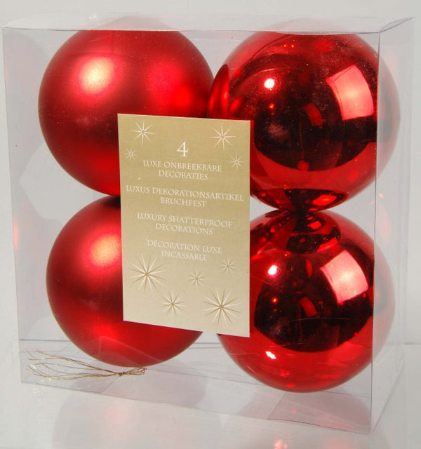 Pack of 4 100mm Shatterproof Plain Red Christmas Baubles