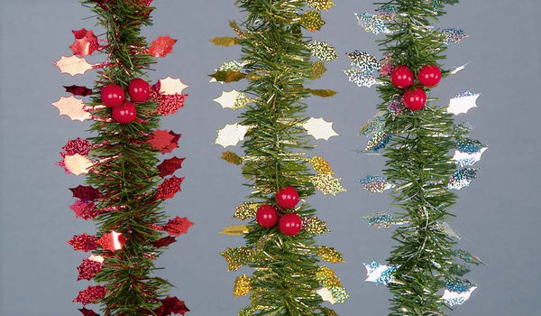 Christmas Xmas Tinsel Garland And Holly 2.7 Meter Long Varies Designs