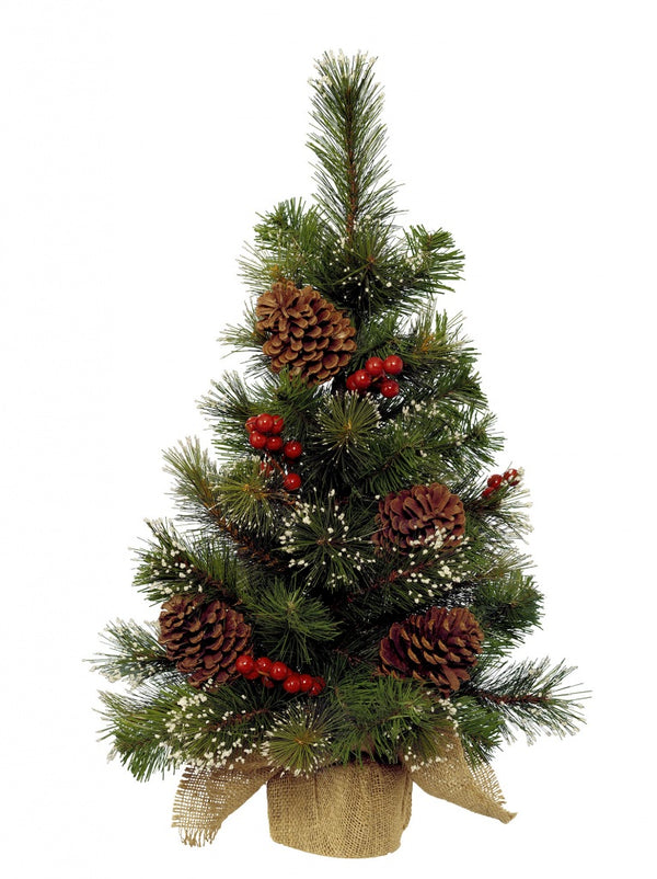 Mini Snowy Christmas Tree with Berries and Pine Cones In Jute Bag - 60cm