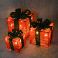 Set of 3 Light Up Light up Gift Boxes / Presents with Green Bows - Red Parcels