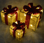 Set of 3 Light Up Light up Gift Boxes / Presents with Red Bows - Glitter Gold