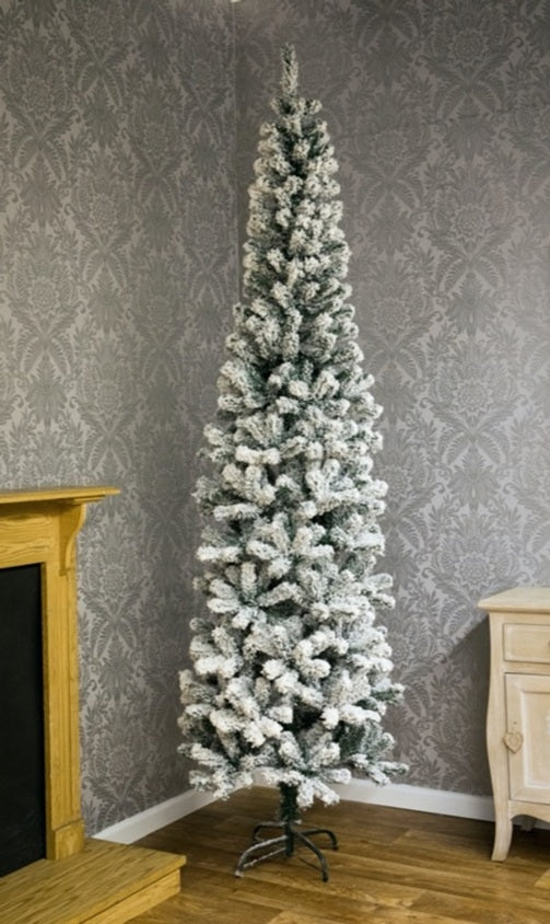 Premier Pencil Flocked Spruce Pine Christmas Tree - Frosted Snow - Green - 2m