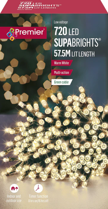 Multi Action Supabrights Christmas Timer Fairy Lights - 720 Leds - Warm White