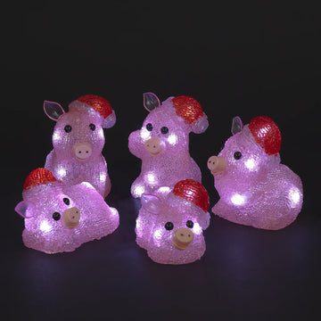 Acrylic Light up Christmas Pigs Outdoor Garden Decoration 12cm - Set of 5