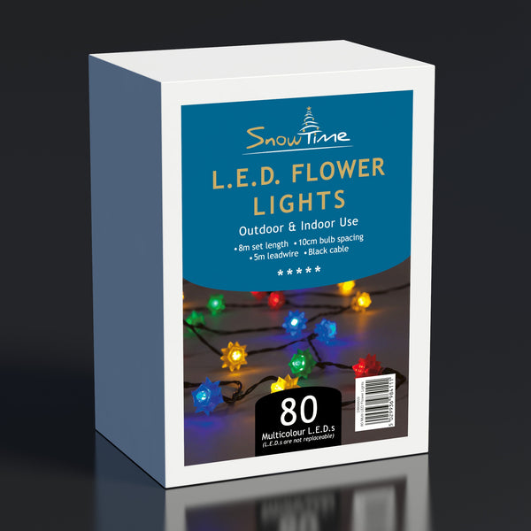 Christmas Flower String Lights Mains Powered - Multi Colours - 80 Lights