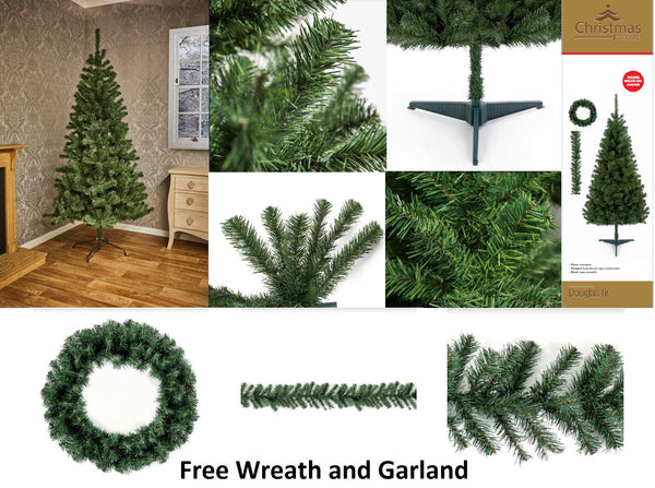 Douglas Fir Pine Christmas Tree Green - 7 Foot (210cm) - Free Wreath and Garland