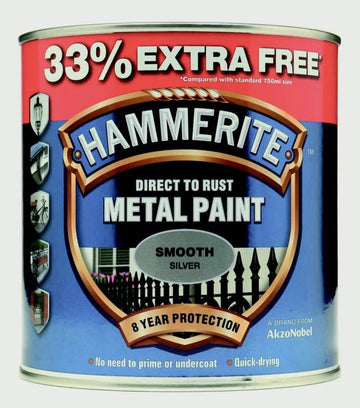 Hammerite - Smooth Direct To Rust Metal Paint - 750ML + 33% Extra Free - Silver