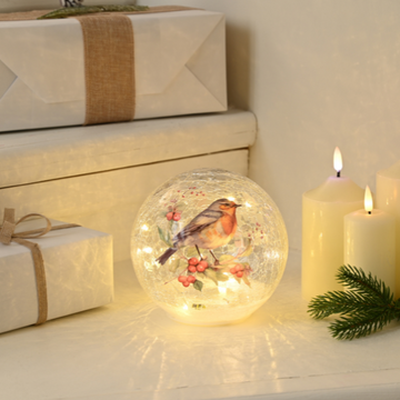 Festive Crackle Effect Lit Robin Branch Christmas Ball - 15cm