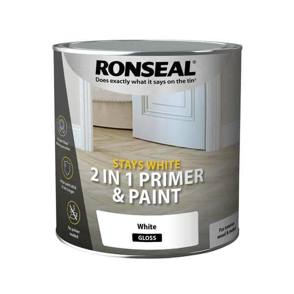 Ronseal Stays White 2 in 1 Primer and Paint - Brilliant White - All Sizes