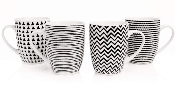 Sabichi Geo Sketch 4 Piece Mug Set - Porcelain Tea Coffee Mugs Cups